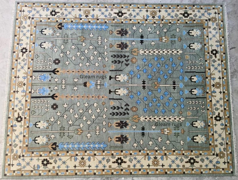 Hand-Knotted Oushak Wool Rug - Gray & Green Vintage Turkish Area Rug