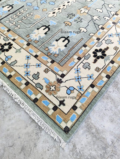 Hand-Knotted Oushak Wool Rug - Gray & Green Vintage Turkish Area Rug