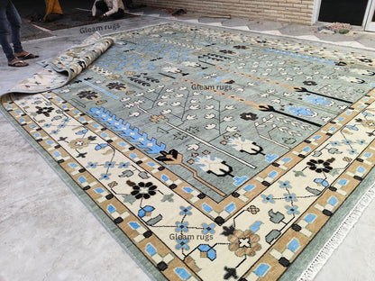 Hand-Knotted Oushak Wool Rug - Gray & Green Vintage Turkish Area Rug
