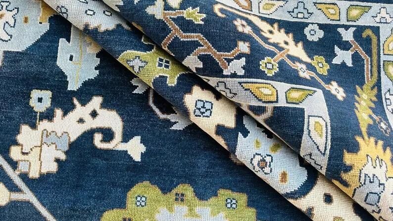 Magnificent Hand Knotted Oushak Rug in Blue & Green Color