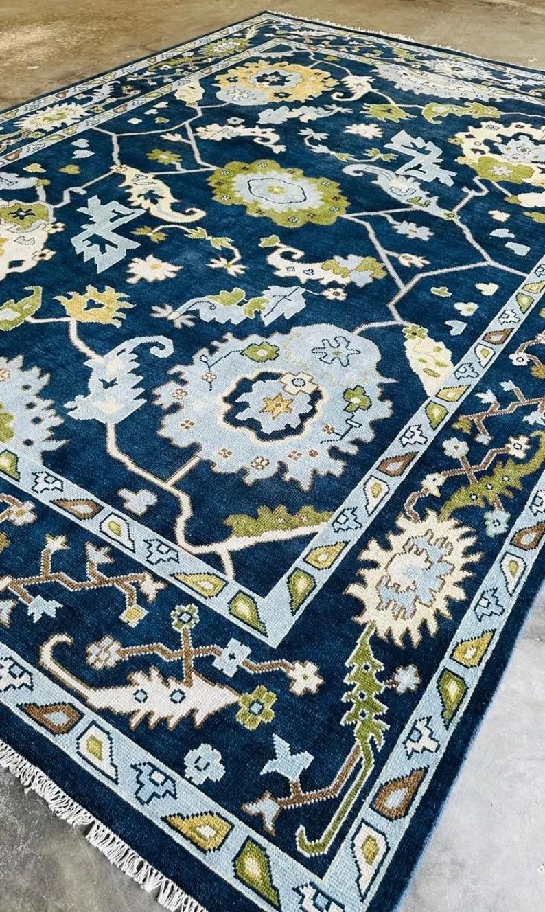 Magnificent Hand Knotted Oushak Rug in Blue & Green Color