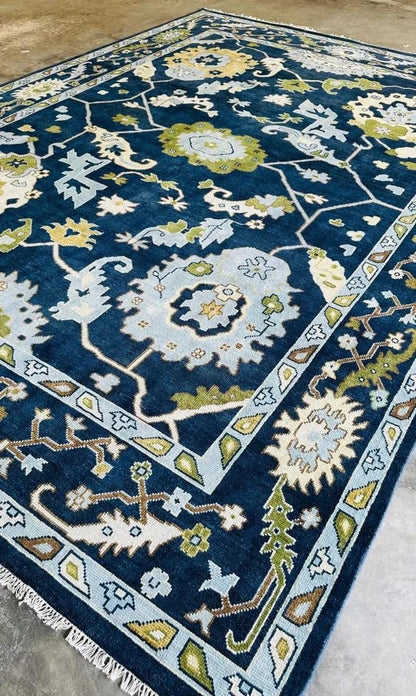 Magnificent Hand Knotted Oushak Rug in Blue & Green Color