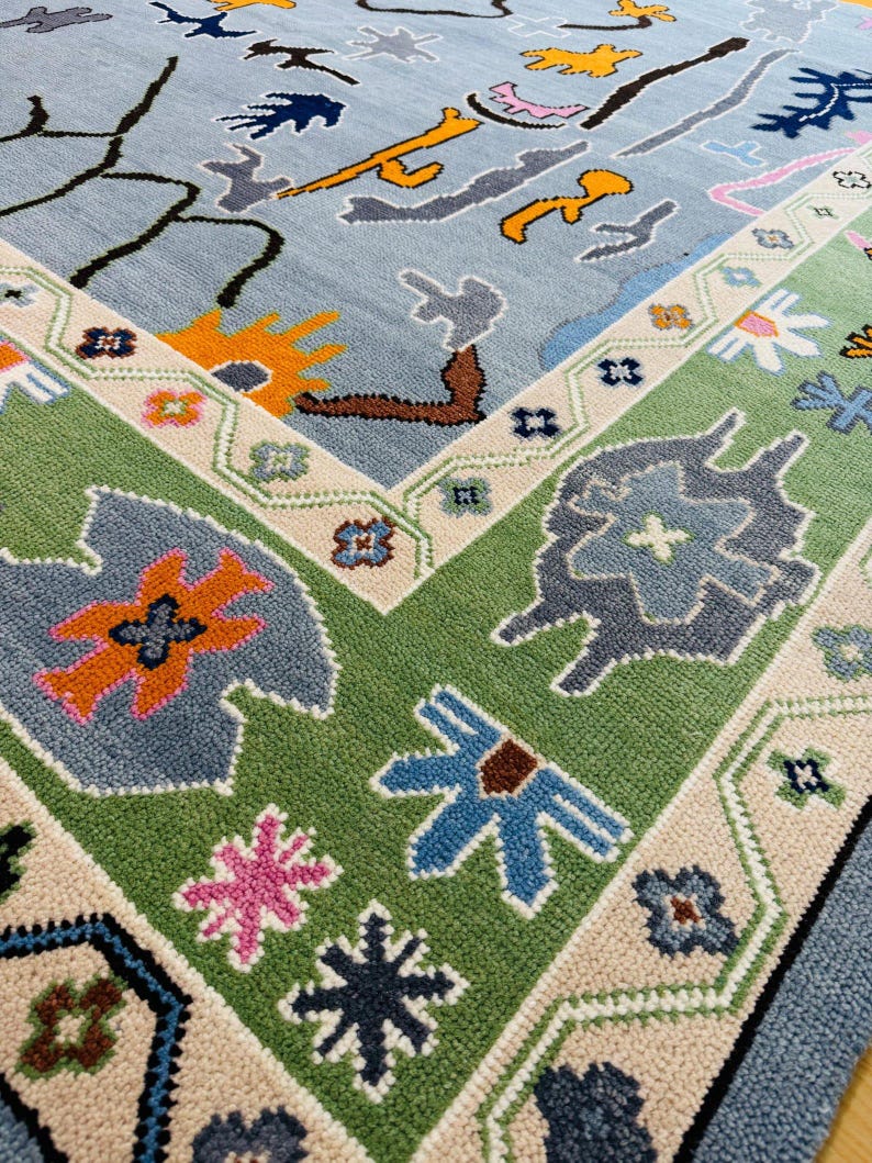 Hand Knottted Abstract Oushak Rug - Modern Geometric Design in Blue Green Color