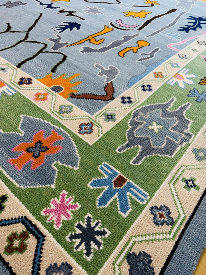 Hand Knottted Abstract Oushak Rug - Modern Geometric Design in Blue Green Color