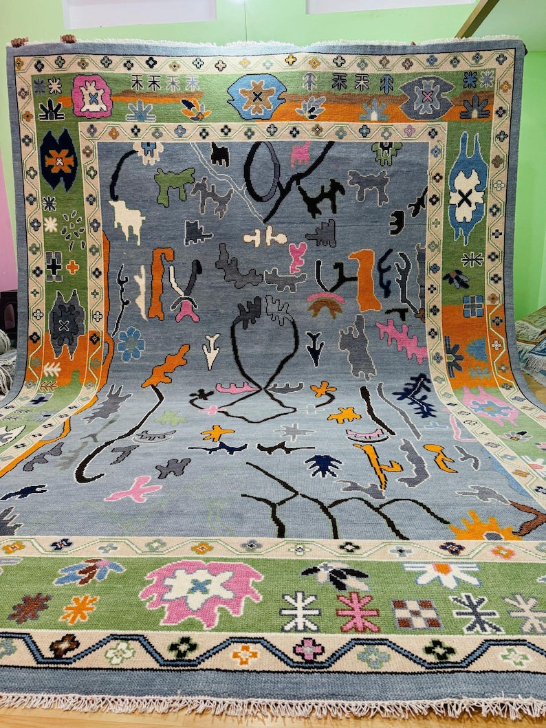 Hand Knottted Abstract Oushak Rug - Modern Geometric Design in Blue Green Color