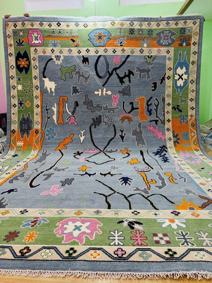 Hand Knottted Abstract Oushak Rug - Modern Geometric Design in Blue Green Color