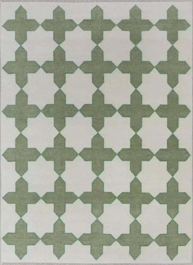 Hand-knotted Handmade Wool Oushak Rug: Modern Green & Beige Area Rug