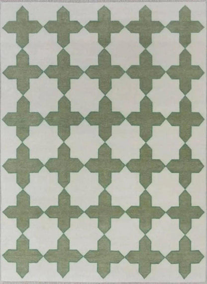 Hand-knotted Handmade Wool Oushak Rug: Modern Green & Beige Area Rug