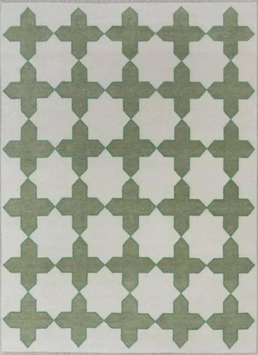 Hand-knotted Handmade Wool Oushak Rug: Modern Green & Beige Area Rug