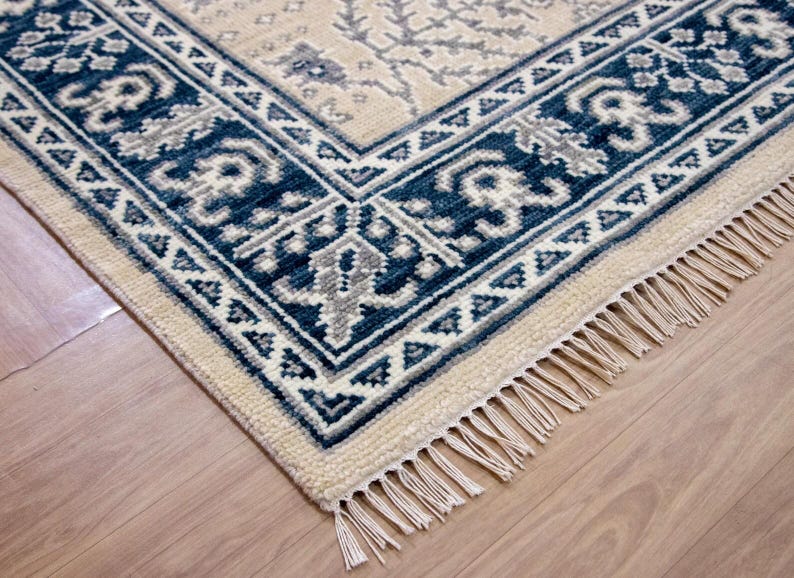 Hand-knotted Oriental Rug – Beige & Navy Blue Turkish Oushak Carpet