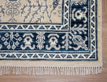 Hand-knotted Oriental Rug – Beige & Navy Blue Turkish Oushak Carpet