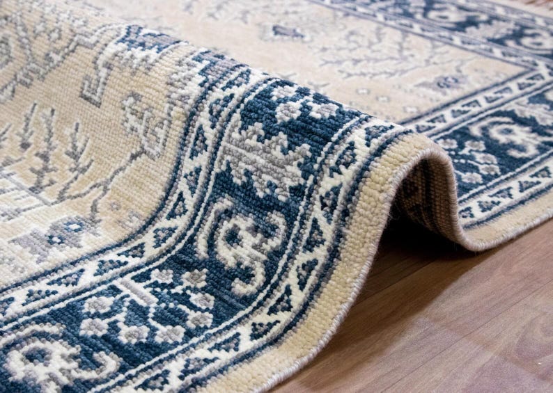 Hand-knotted Oriental Rug – Beige & Navy Blue Turkish Oushak Carpet