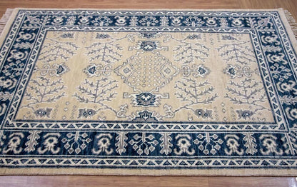 Hand-knotted Oriental Rug – Beige & Navy Blue Turkish Oushak Carpet