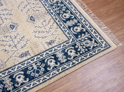 Hand-knotted Oriental Rug – Beige & Navy Blue Turkish Oushak Carpet