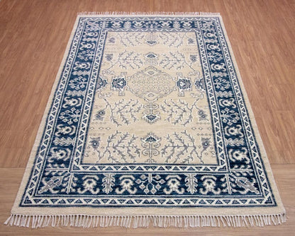Hand-knotted Oriental Rug – Beige & Navy Blue Turkish Oushak Carpet