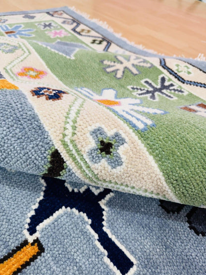 Hand Knottted Abstract Oushak Rug - Modern Geometric Design in Blue Green Color