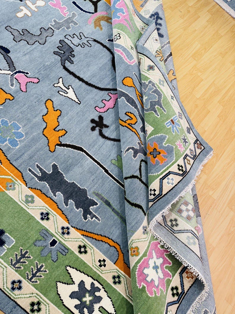 Hand Knottted Abstract Oushak Rug - Modern Geometric Design in Blue Green Color