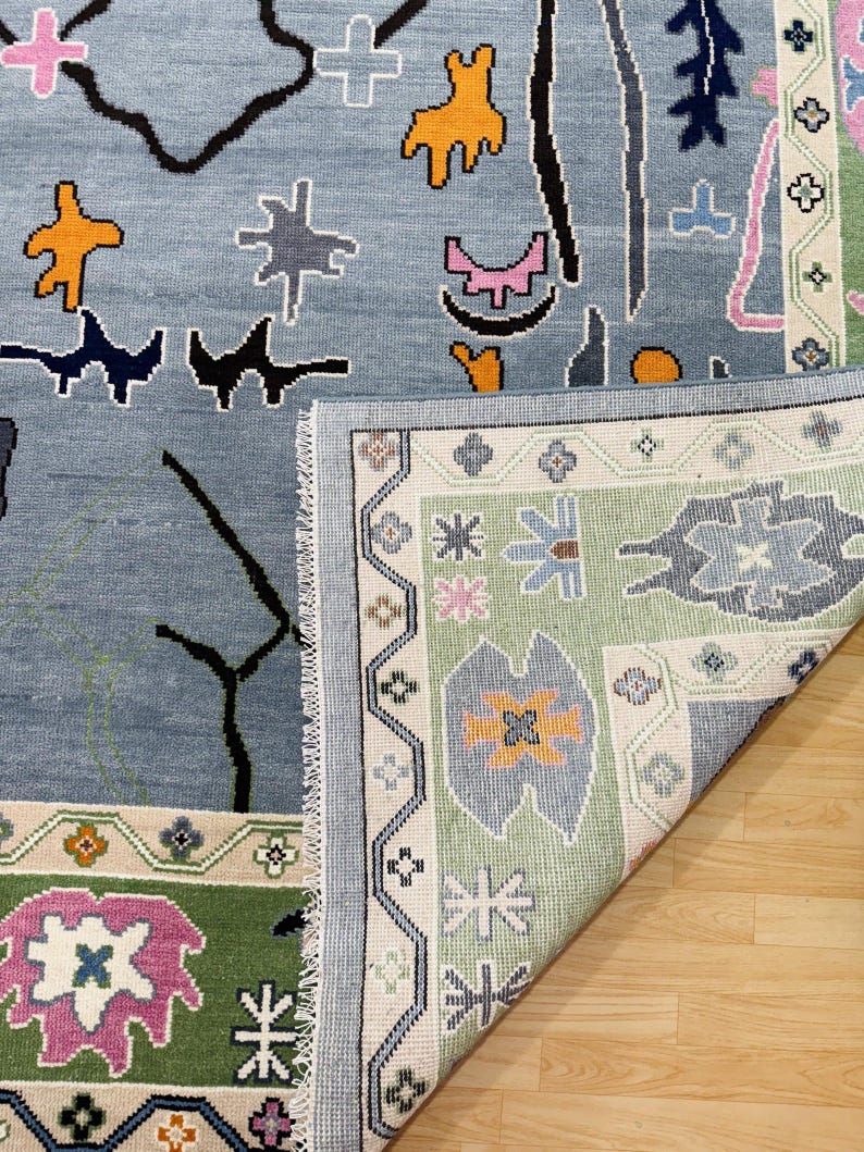 Hand Knottted Abstract Oushak Rug - Modern Geometric Design in Blue Green Color