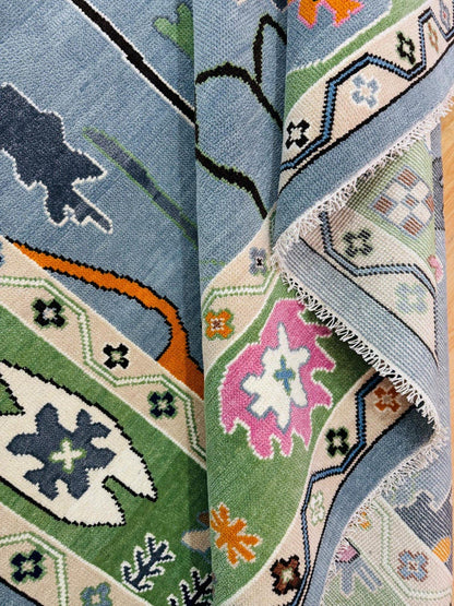 Hand Knottted Abstract Oushak Rug - Modern Geometric Design in Blue Green Color