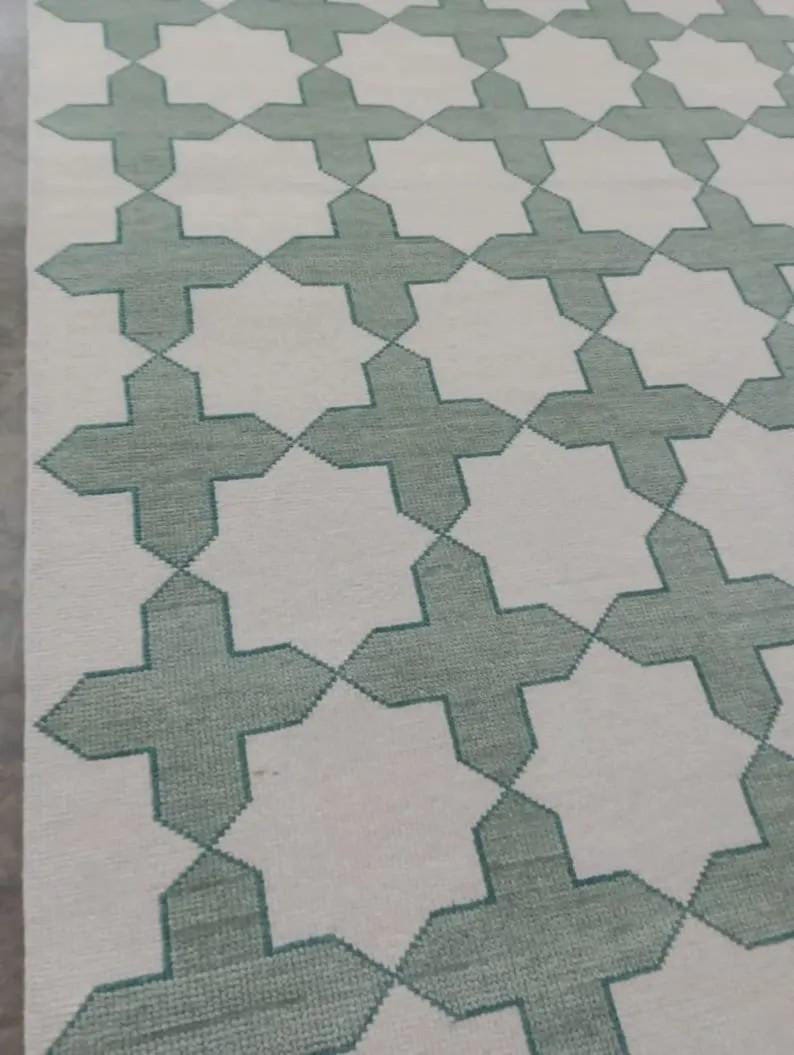 Hand-knotted Handmade Wool Oushak Rug: Modern Green & Beige Area Rug