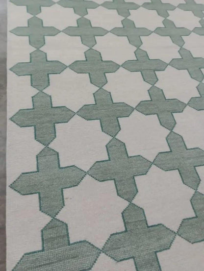 Hand-knotted Handmade Wool Oushak Rug: Modern Green & Beige Area Rug