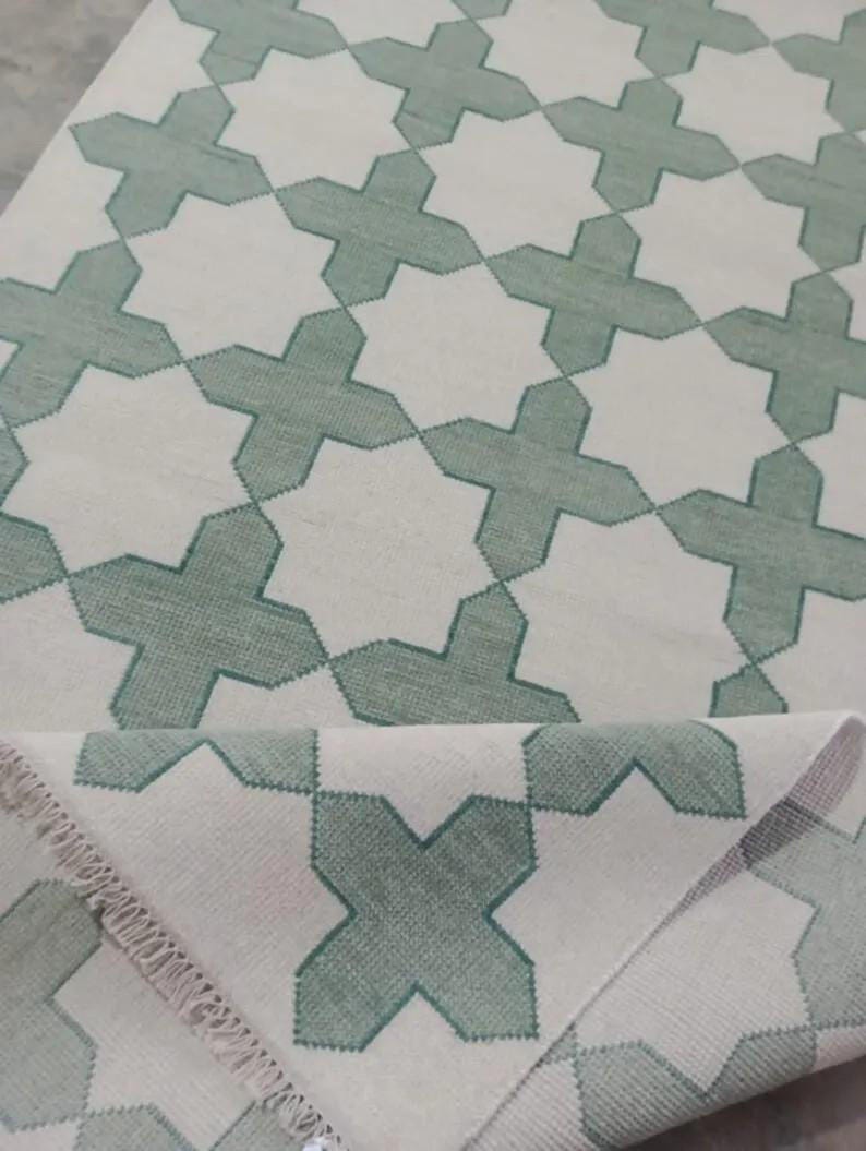 Hand-knotted Handmade Wool Oushak Rug: Modern Green & Beige Area Rug