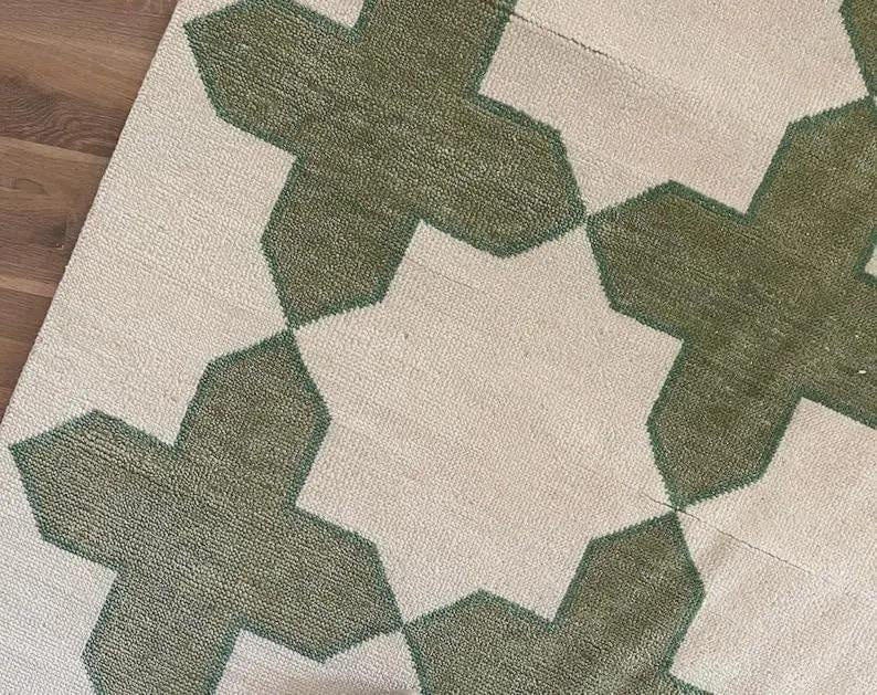 Hand-knotted Handmade Wool Oushak Rug: Modern Green & Beige Area Rug