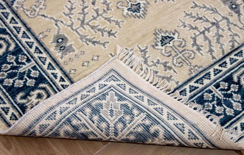 Hand-knotted Oriental Rug – Beige & Navy Blue Turkish Oushak Carpet