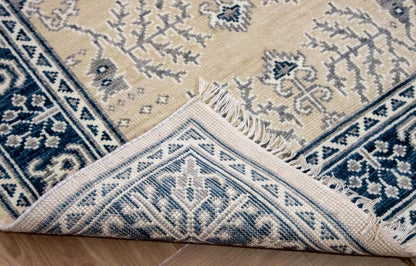 Hand-knotted Oriental Rug – Beige & Navy Blue Turkish Oushak Carpet