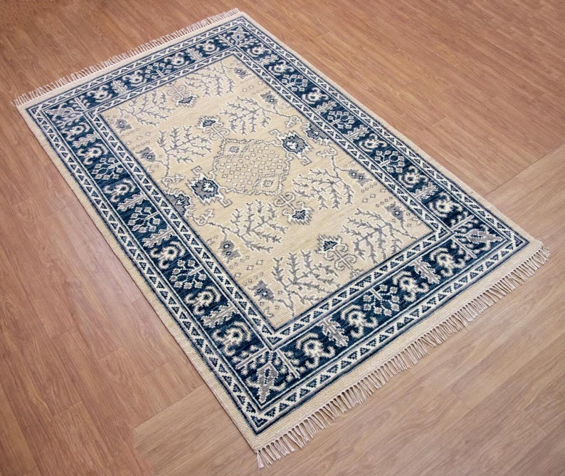Hand-knotted Oriental Rug – Beige & Navy Blue Turkish Oushak Carpet