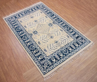 Hand-knotted Oriental Rug – Beige & Navy Blue Turkish Oushak Carpet