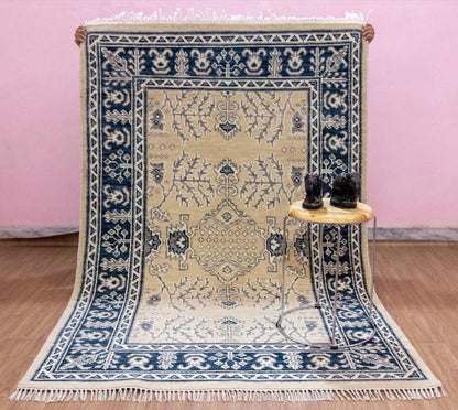 Hand-knotted Oriental Rug – Beige & Navy Blue Turkish Oushak Carpet