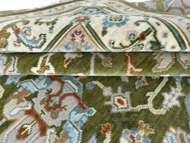 Hand Knotted Oushak Wool Rug - Moss Green Turkish Area Rug