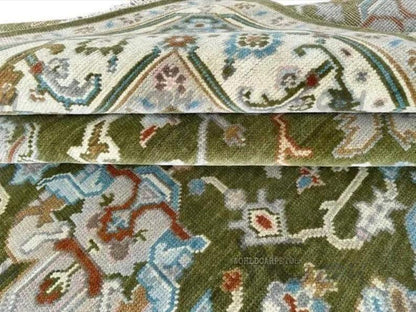Hand Knotted Oushak Wool Rug - Moss Green Turkish Area Rug