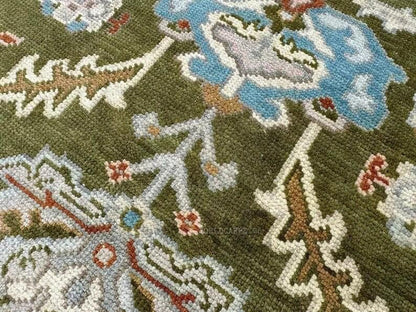 Hand Knotted Oushak Wool Rug - Moss Green Turkish Area Rug
