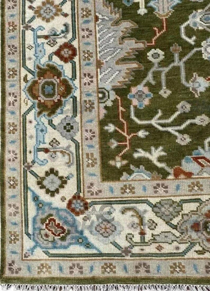 Hand Knotted Oushak Wool Rug - Moss Green Turkish Area Rug