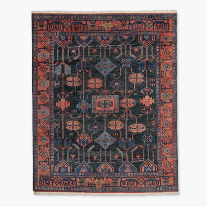Decorative hand knotted oushak rug with intricate patterns on a white background