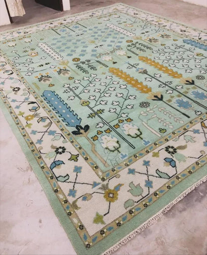 Hand Knotted Wool Oushak Rug: Tree of Life, Green & Ivory