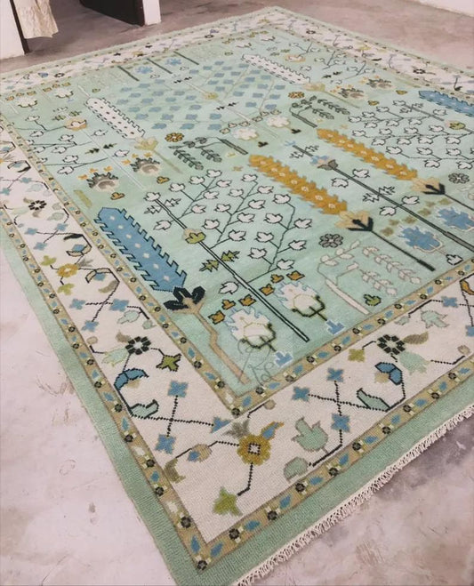 Hand Knotted Wool Oushak Rug: Tree of Life, Green & Ivory