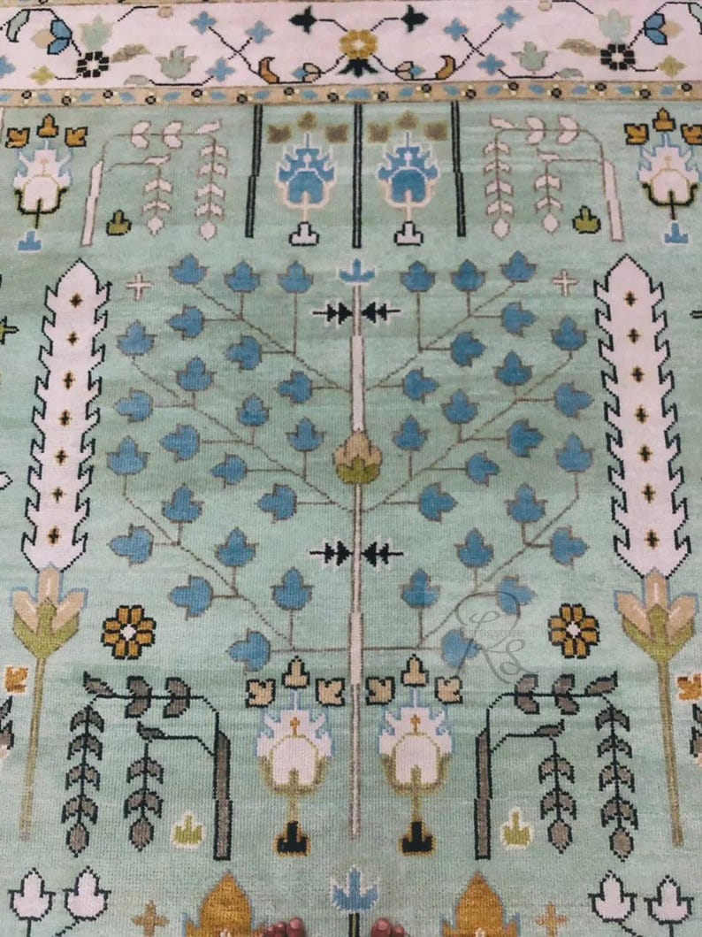 Hand Knotted Wool Oushak Rug: Tree of Life, Green & Ivory