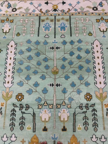 Hand Knotted Wool Oushak Rug: Tree of Life, Green & Ivory