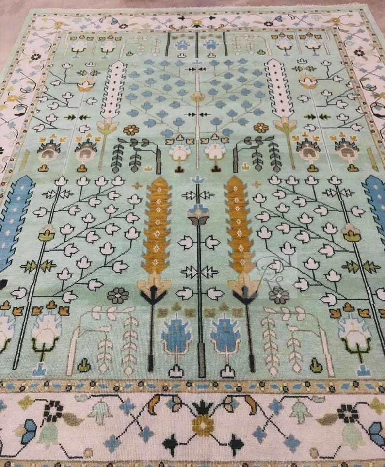 Hand Knotted Wool Oushak Rug: Tree of Life, Green & Ivory