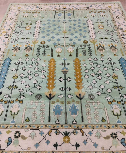 Hand Knotted Wool Oushak Rug: Tree of Life, Green & Ivory