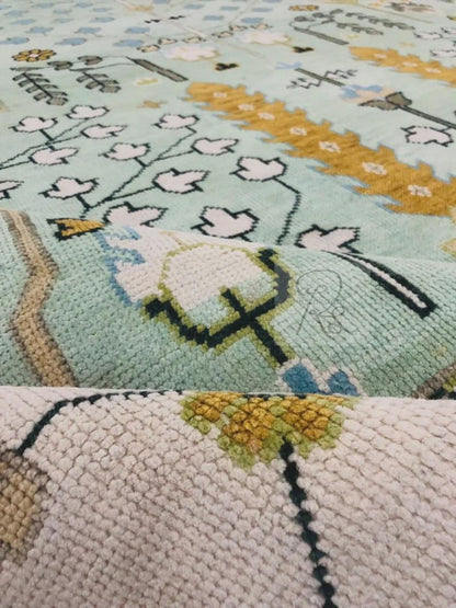 Hand Knotted Wool Oushak Rug: Tree of Life, Green & Ivory