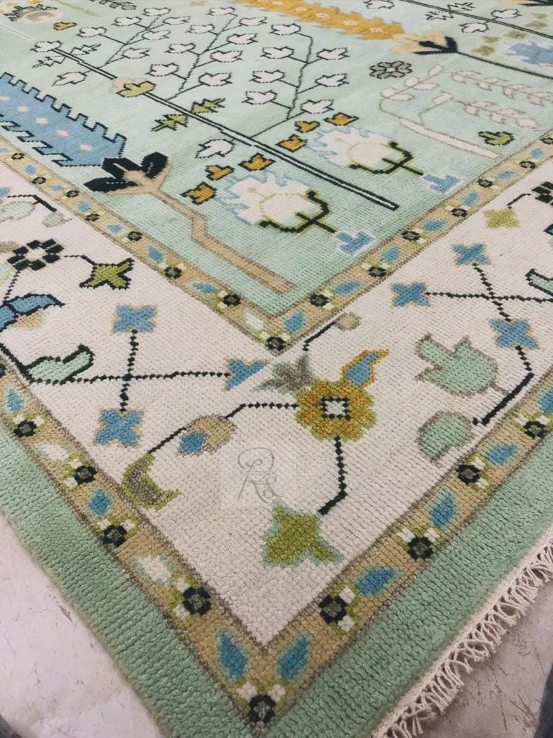Hand Knotted Wool Oushak Rug: Tree of Life, Green & Ivory