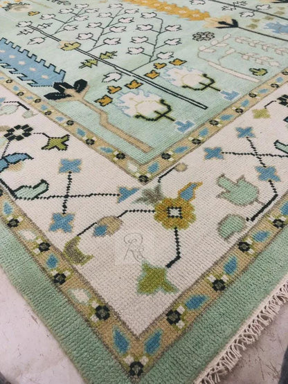 Hand Knotted Wool Oushak Rug: Tree of Life, Green & Ivory