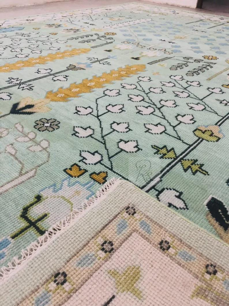 Hand Knotted Wool Oushak Rug: Tree of Life, Green & Ivory