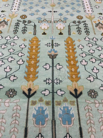 Hand Knotted Wool Oushak Rug: Tree of Life, Green & Ivory