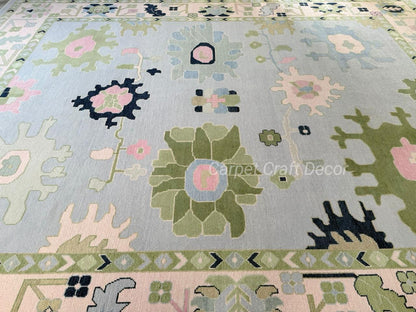 Hand-Knotted Oushak Wool Rug in Pastel Blue, Cream & Green