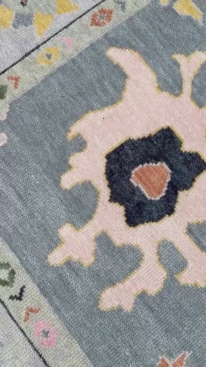 Gray Oushak Wool Rug - Turkish Hand-Knotted Area Rug with Peach & Gold
